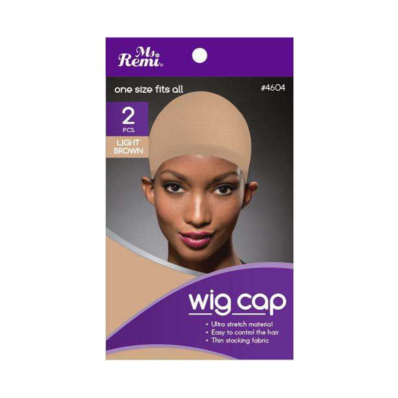 Ms Remi packaging showing model wearing light brown wig cap one size fits all 2 pack stretch fabric