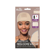 Ms Remi packaging with smiling model wearing natural beige mesh dome wig cap premium fit