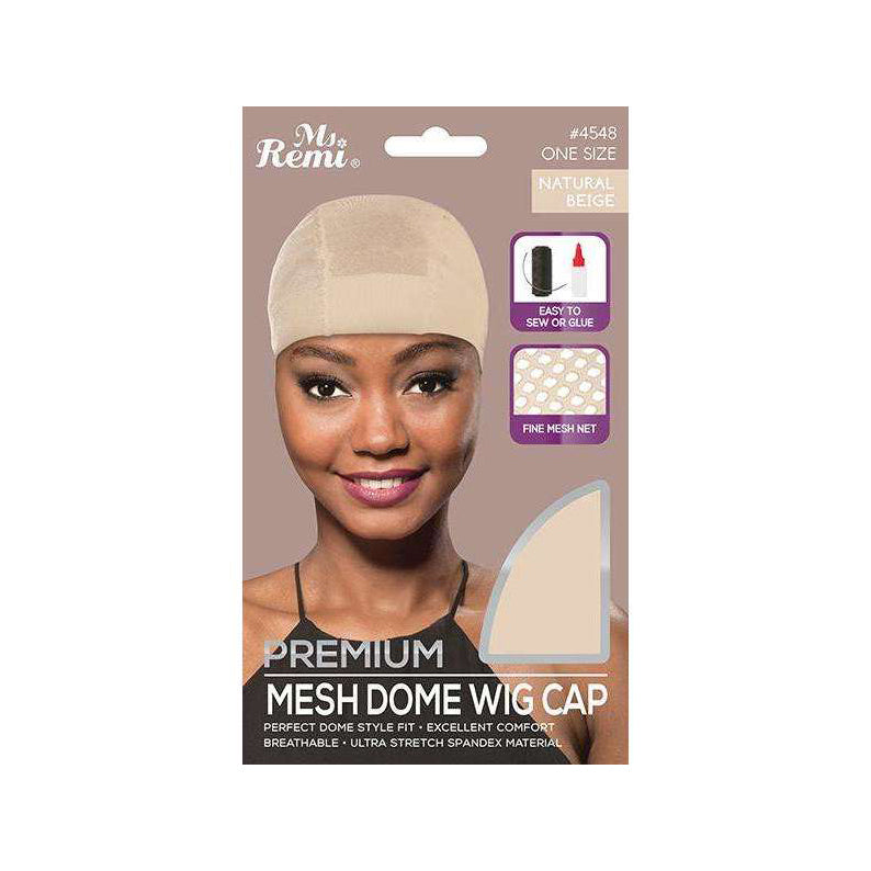 Ms Remi packaging with smiling model wearing natural beige mesh dome wig cap premium fit