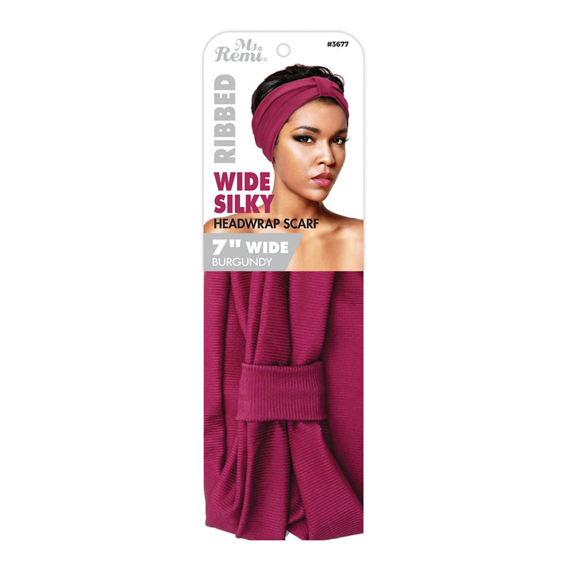 Ms Remi ribbed silky headwrap scarf burgundy 7 inch wide on model with folded product packaging