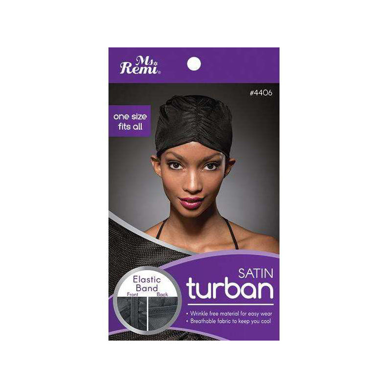 Ms Remi packaging showing model wearing black satin turban for hair protection with elastic band one size fits all