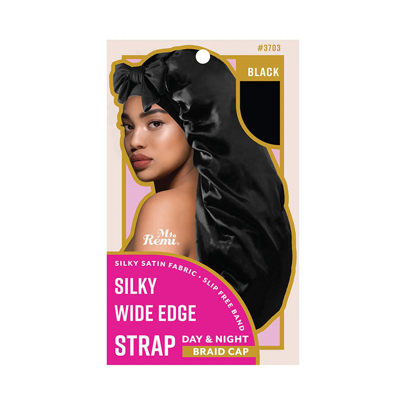 Ms Remi black silky satin wide edge strap braid cap packaging with model showcasing silky wide edge day night braid cap