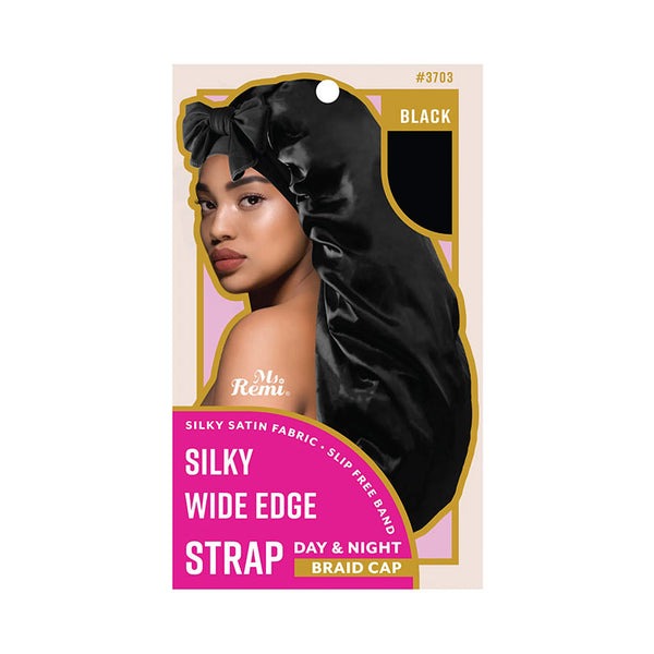 Ms Remi black silky satin wide edge strap braid cap packaging with model showcasing silky wide edge day night braid cap