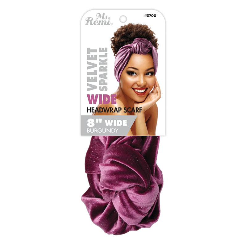Ms Remi burgundy 8 inch wide velvet headwrap scarf with knotted front and subtle sparkle on model