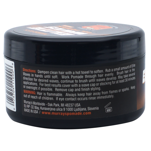 MURRAYS black jar of elite waves hair pomade showing back label with directions and warning text