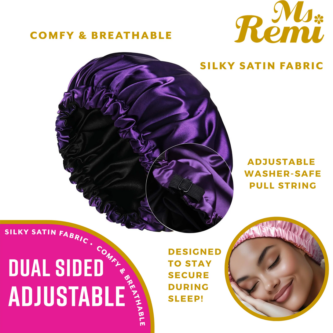 ANNIE dual sided adjustable purple satin sleep bonnet with elastic drawstring for secure breathable comfort