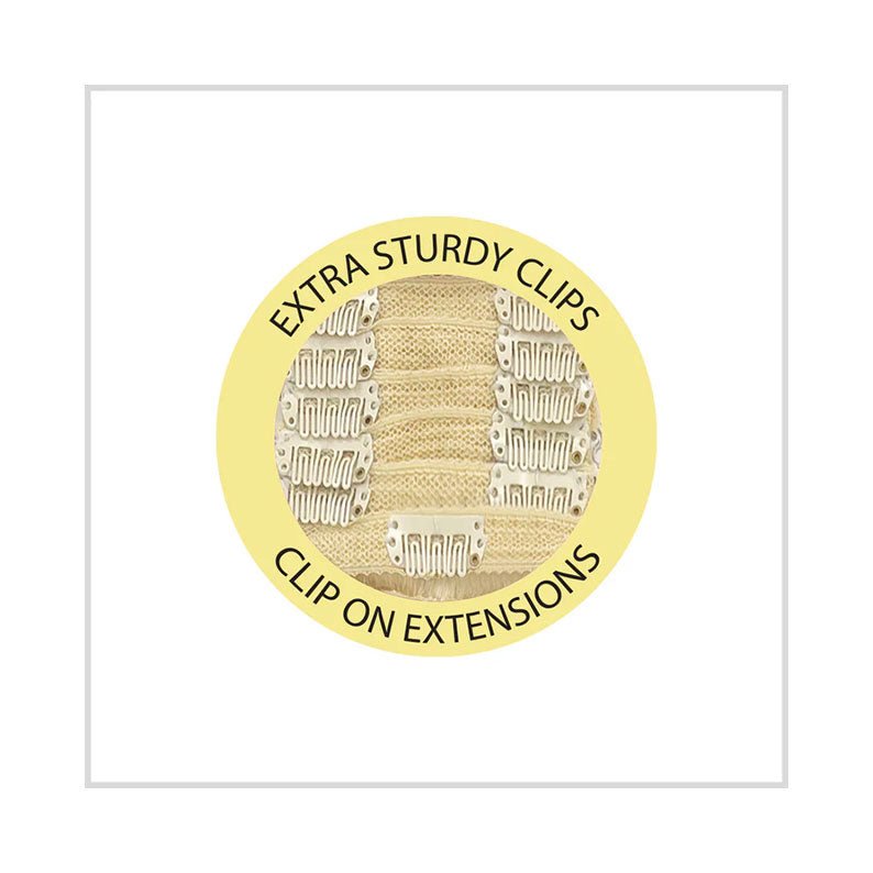 HAIR COUTURE 100% remy human hair clip in extensions close up showing extra sturdy blonde clip weft and clips