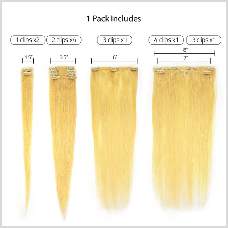 HAIR COUTURE blonde straight weft set showing 1.5 3.5 6 and 8 inch pieces 100% remy human hair clip in extensions