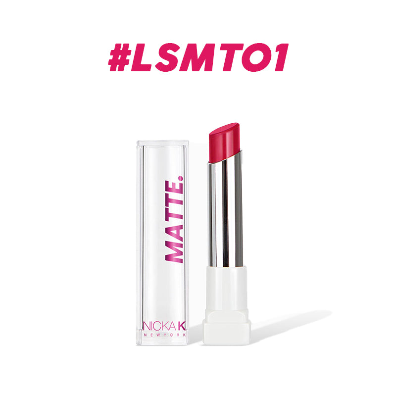 Nicka K long lasting matte lipstick in vibrant pink shade with clear cap and white base