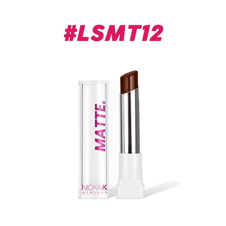 NICKA K long lasting matte lipstick in rich dark brown shade with clear cap