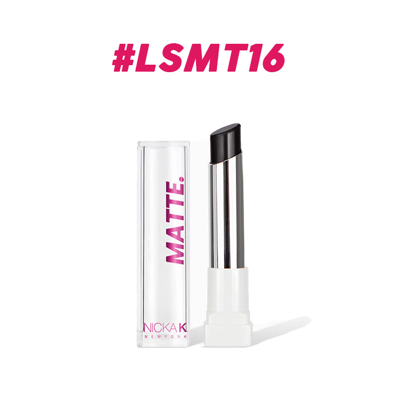 NICKA K long lasting matte lipstick in sleek black shade with transparent cap