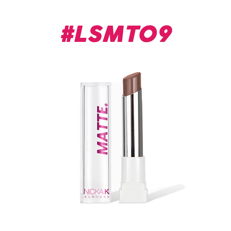 NICKA K long lasting matte lipstick in a sleek white and clear tube with brown shade