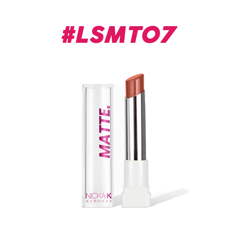 NICKA K long lasting matte lipstick in a sleek white tube with clear cap and brown shade
