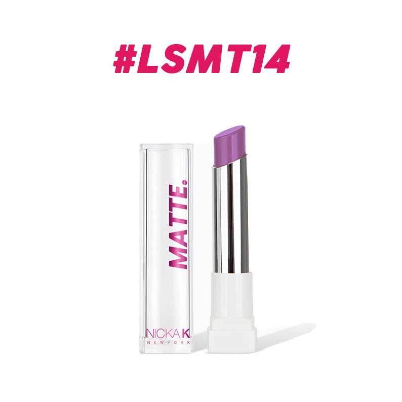 NICKA K long lasting matte lipstick in vibrant purple shade with clear cap packaging