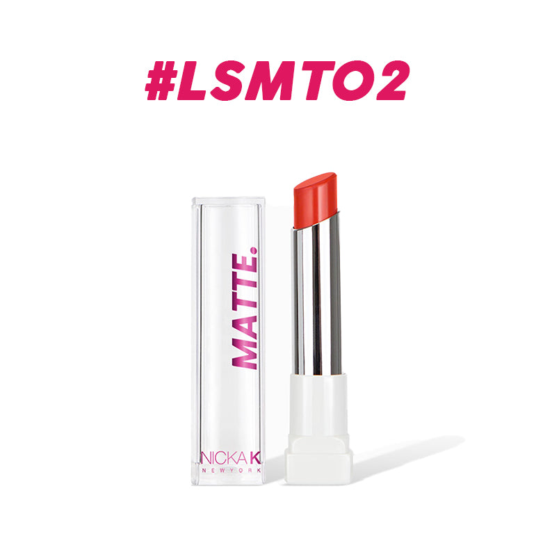 Nicka K long lasting matte lipstick in vibrant red with clear cap and silver tube