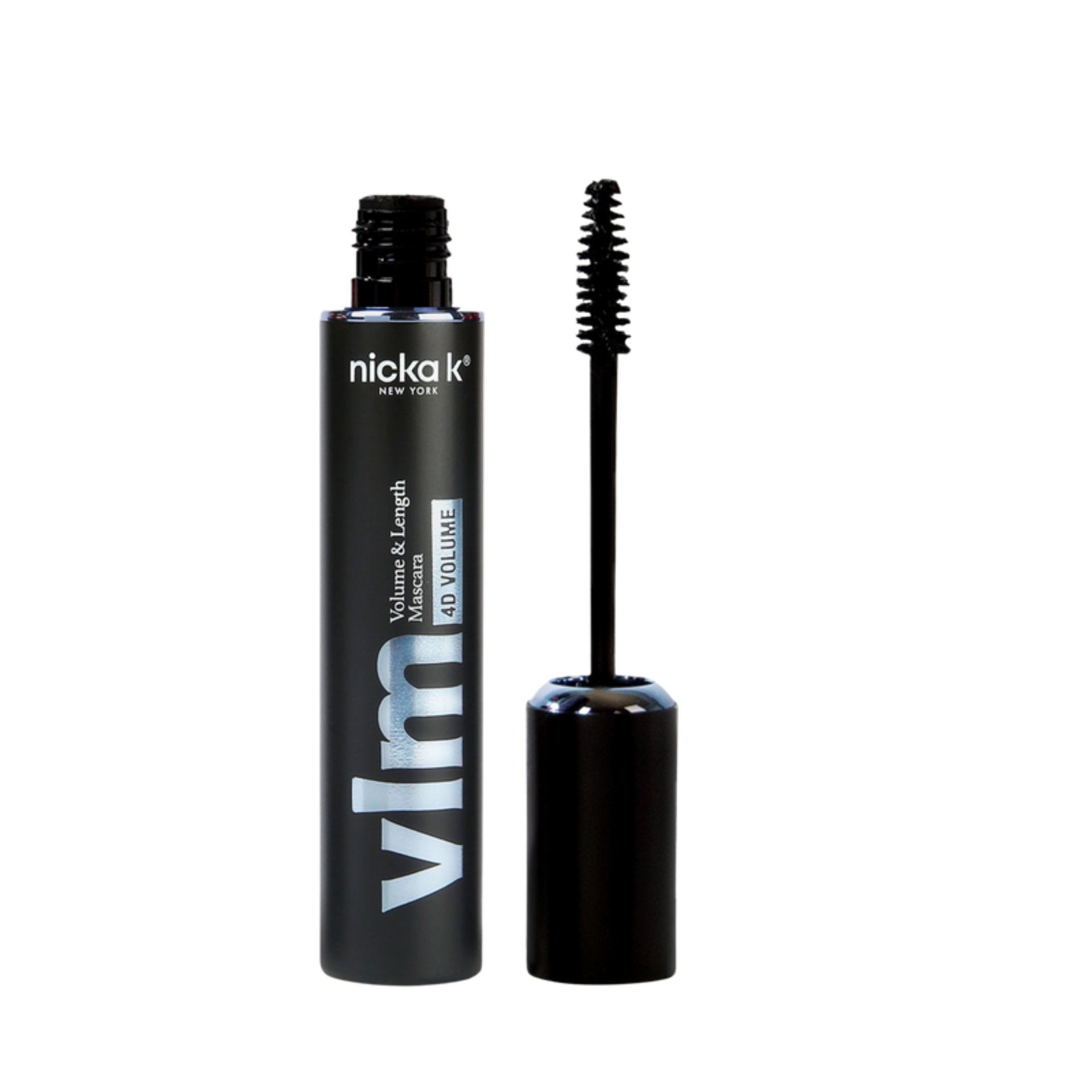 Nicka K volumizing mascara for long lashes in black packaging with applicator brush