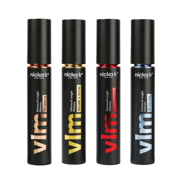 Nicka K volumizing mascara for long lashes in four varieties with black tubes and colorful labels
