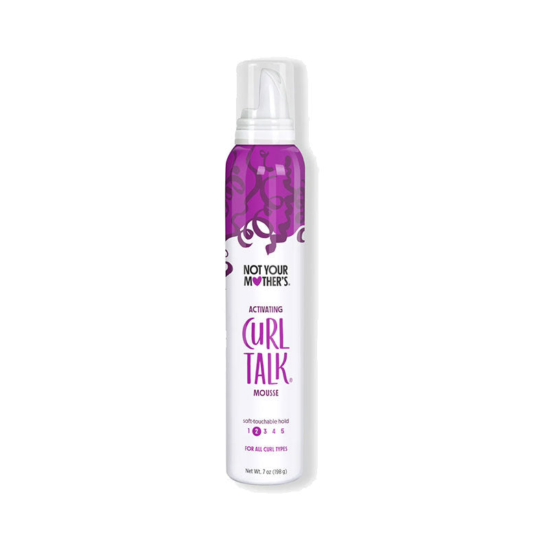 White and purple foam bottle of NOT YOUR MOTHERS Activating Curl Talk curl defining mousse for natural hair