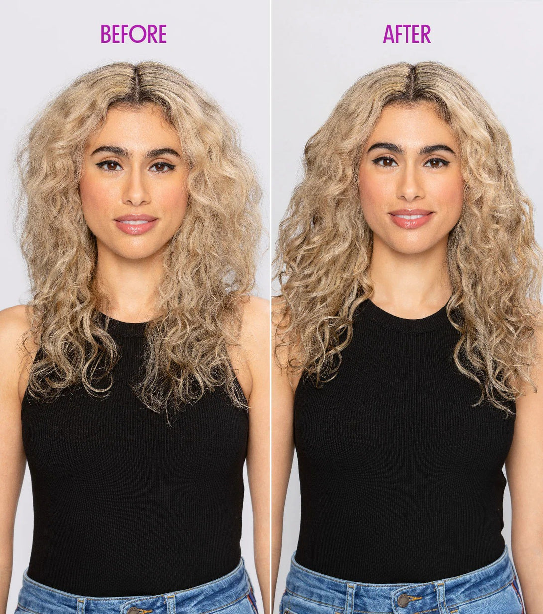 Before and after curly blonde hair showing frizz control sculpting gel from Not Your Mothers reducing frizz and defining curls