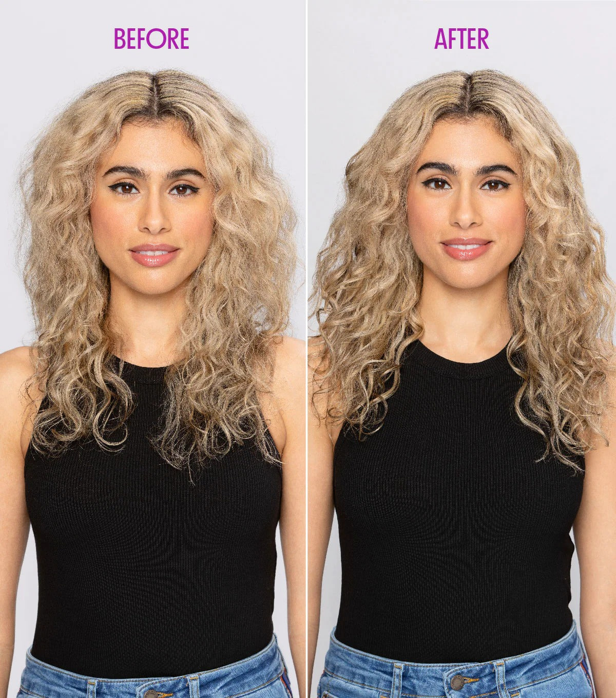 Before and after curly blonde hair showing frizz control sculpting gel from Not Your Mothers reducing frizz and defining curls