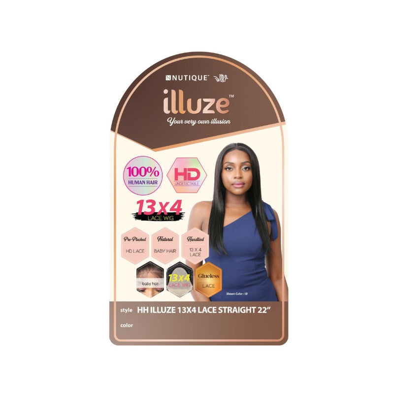 Illuze packaged straight human hair wig with model wearing 13x4 lace front wig straight 22 inch