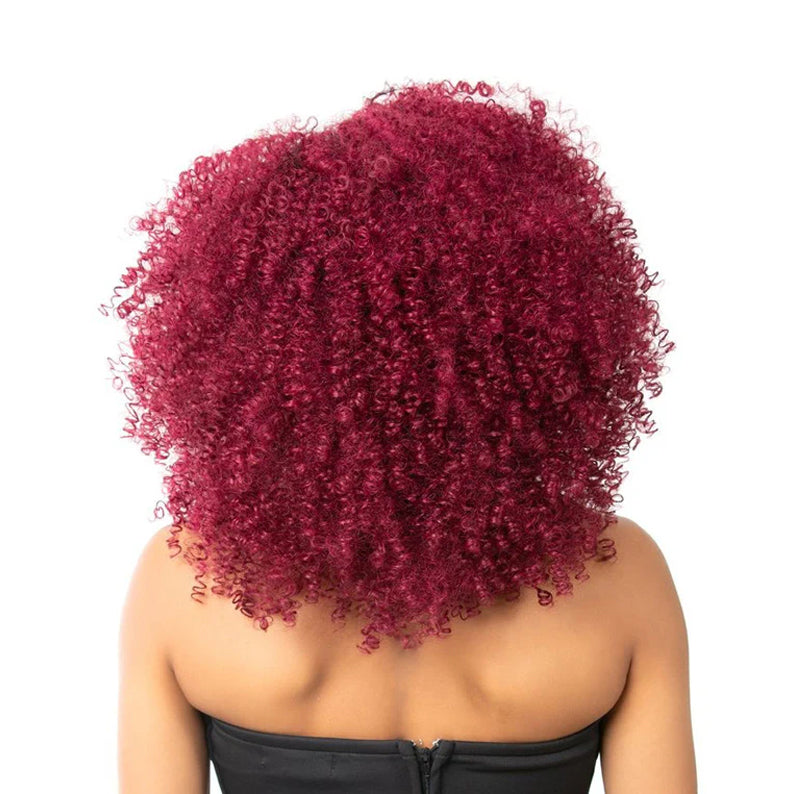 Back view of voluminous deep burgundy curly style BFF human hair blend half wig on model