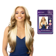 Its a Wig model wearing HD lace front wig blonde long wavy center part dark roots with product packaging