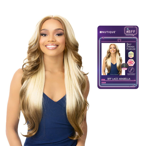 Its a Wig model wearing HD lace front wig blonde long wavy center part dark roots with product packaging