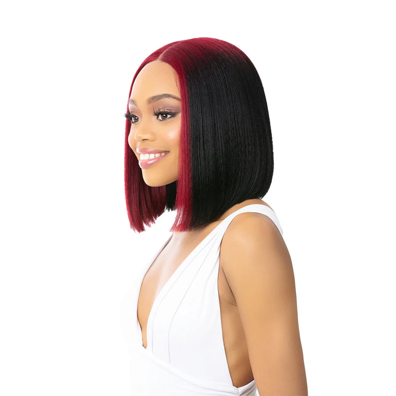 Model wearing HD lace front wig FLORIS sleek two tone red to black blunt bob with center part