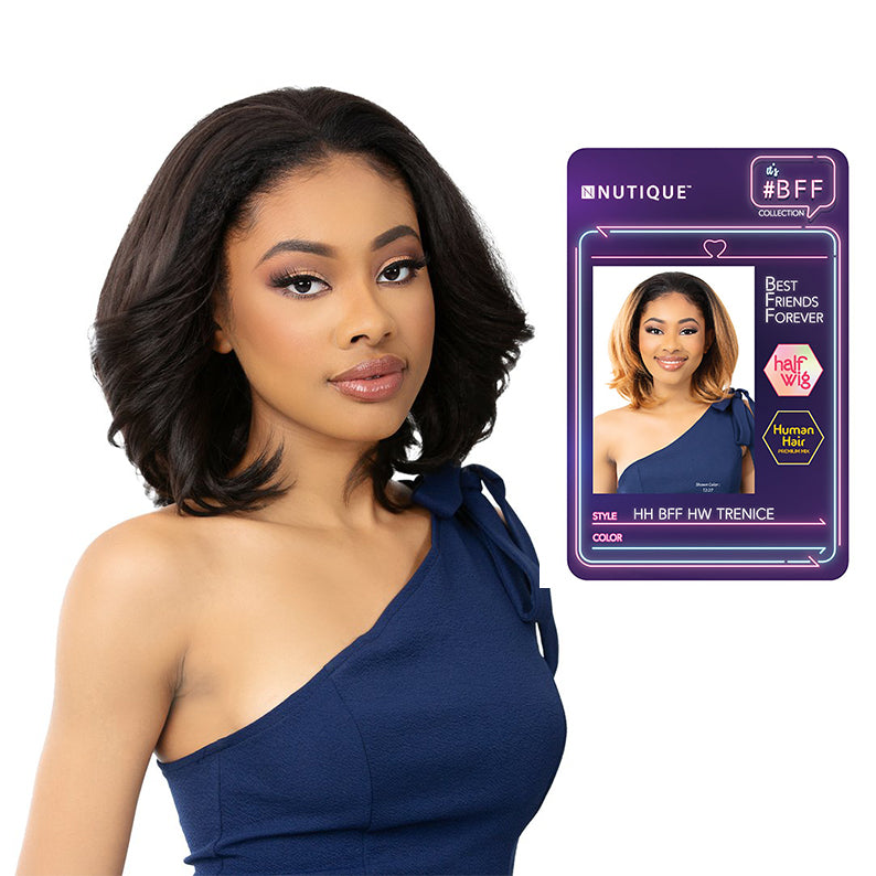 Model wearing NUTIQUE BFF human hair half wig shoulder length natural brown bob with soft waves and packaging card