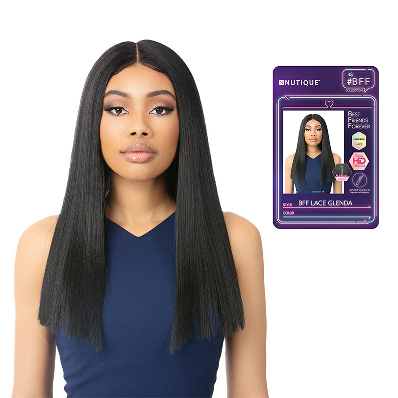 Model wearing Nutique Glenda 18 inch lace front wig. Straight black silky hair center part with packaging