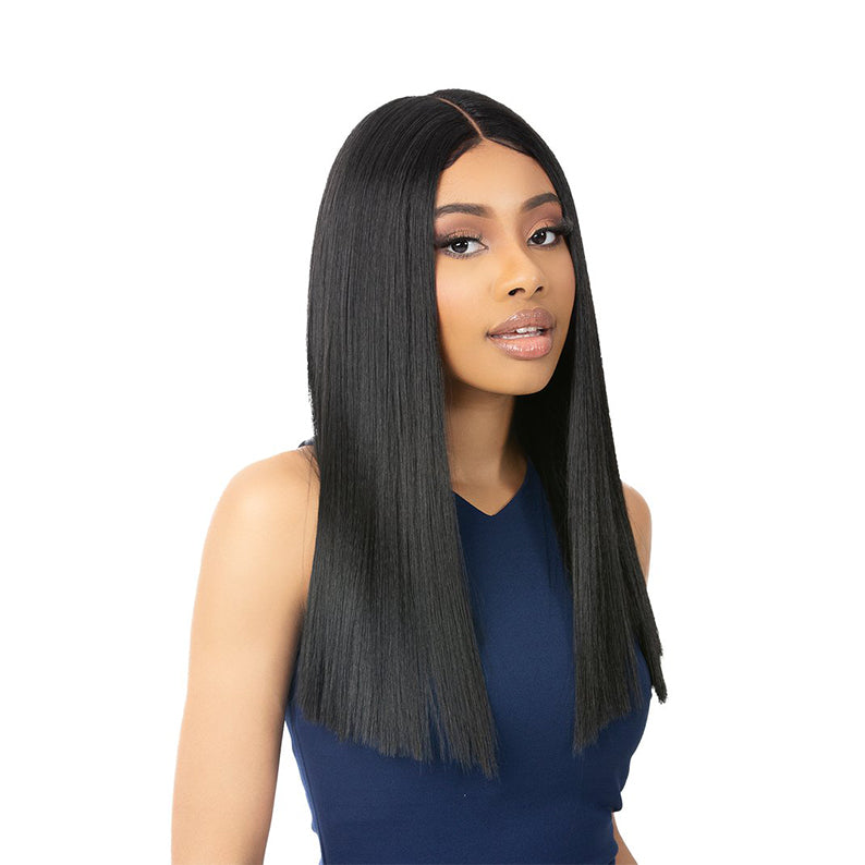 Nutique Glenda 18 inch lace front wig. Model wearing straight center part sleek black hair for everyday wear
