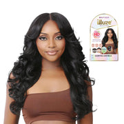 Nutique Illuze Full Lace Wig long black wavy hair with center part and natural hairline on model
