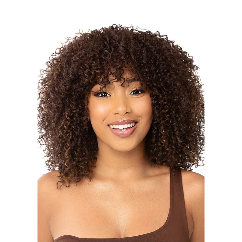 Smile model wearing brown curly shoulder length undetectable HD lace front wig with natural hairline
