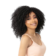 ITS A WIG curly shoulder length black wig on smiling model with natural hairline undetectable HD lace front wig