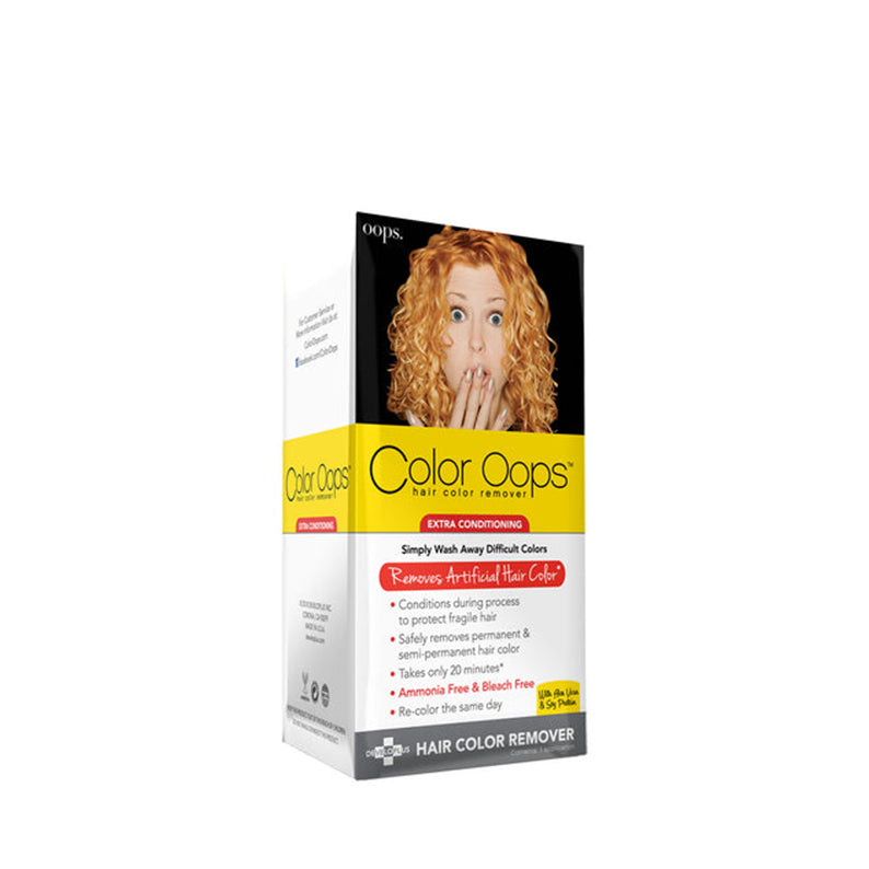 Color Oops hair color remover box with red curly model photo extra conditioning claims and product branding