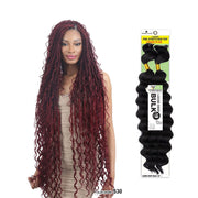 Shake N Go 18 inch loose deep bulk hair braid in deep burgundy on model and packaging