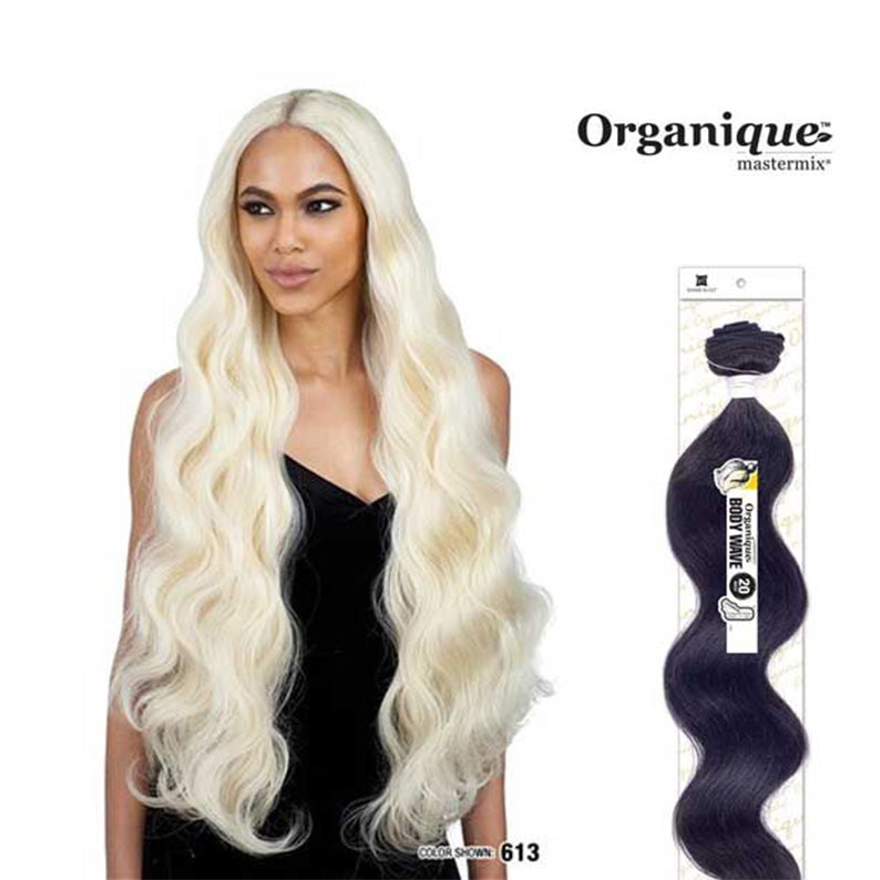 Shake N Go 30 inch body wave weave in deep black shown with model wearing long platinum blonde body wave hair