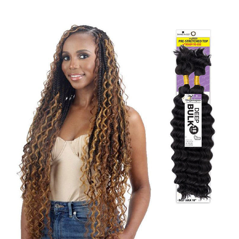 SHAKE N GO organique deep bulk hair braid with long curly black and brown hair on model