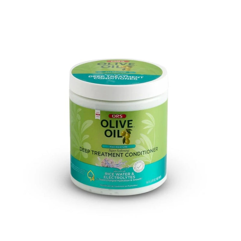 ORS Olive Oil Deep Treatment jar labeled olive oil deep conditioner for hair with rice water electrolytes