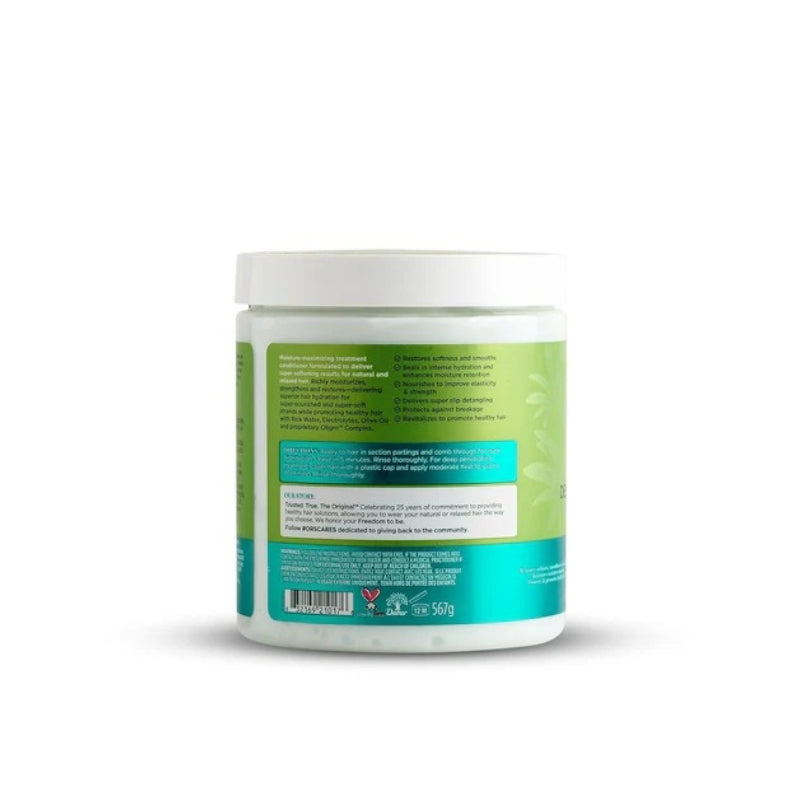 ORS olive oil deep conditioner for hair jar showing back label on white tub with green label and ingredients