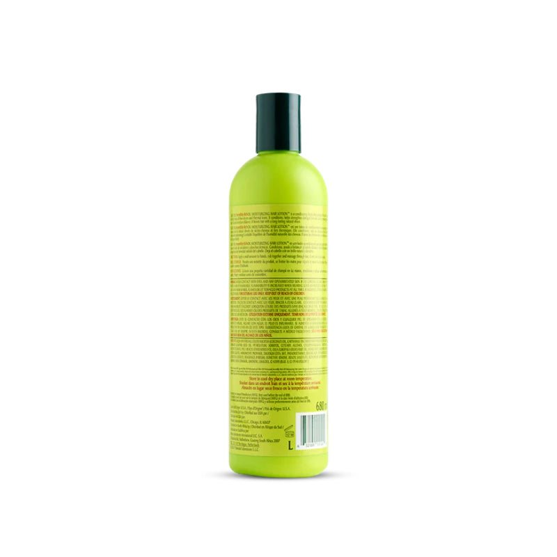 ORS olive oil hair lotion green bottle with black cap showing back label on white background for moisturizing hair
