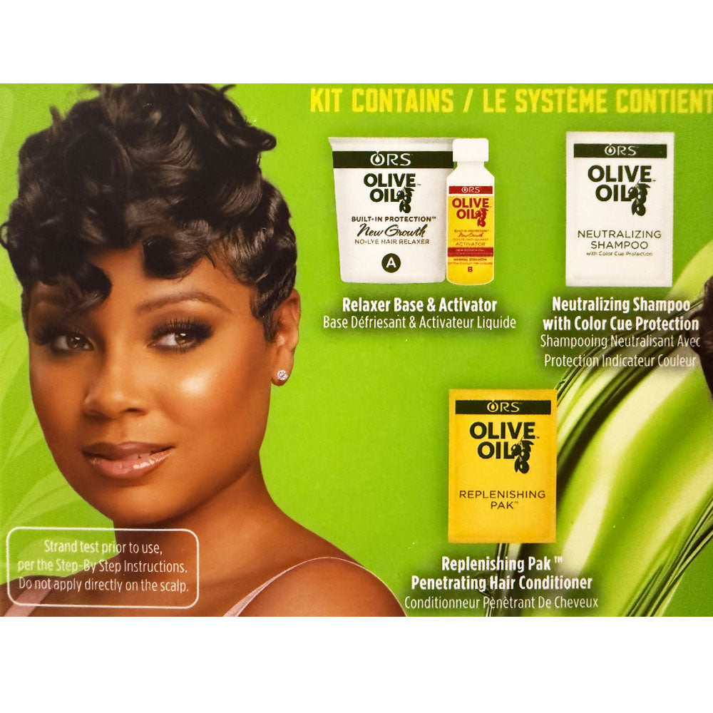 ORS olive oil hair relaxer kit with relaxer base activator, neutralizing shampoo, and replenishing hair conditioner