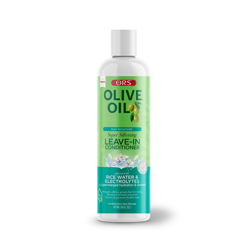 ORS Olive Oil bottle with green label Rice Water and Electrolytes formula olive oil leave-in conditioner for moisture and shine