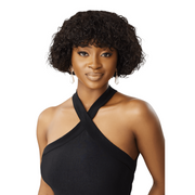 OUTRE 10 inch unprocessed human hair wig short curly bob with bangs on model wearing black halter top