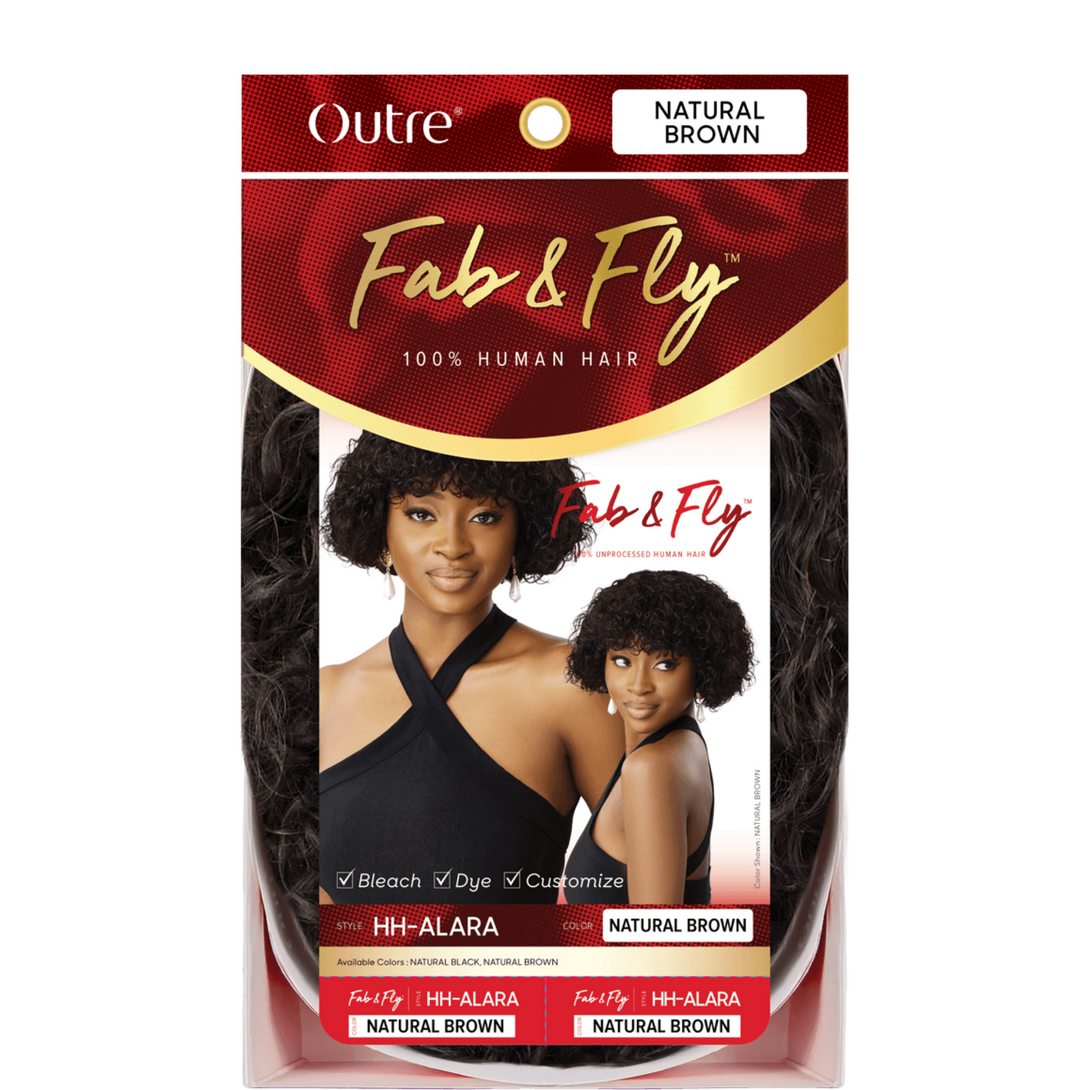 OUTRE Fab and Fly HH ALARA package showing two models wearing natural brown 10 inch unprocessed human hair wig