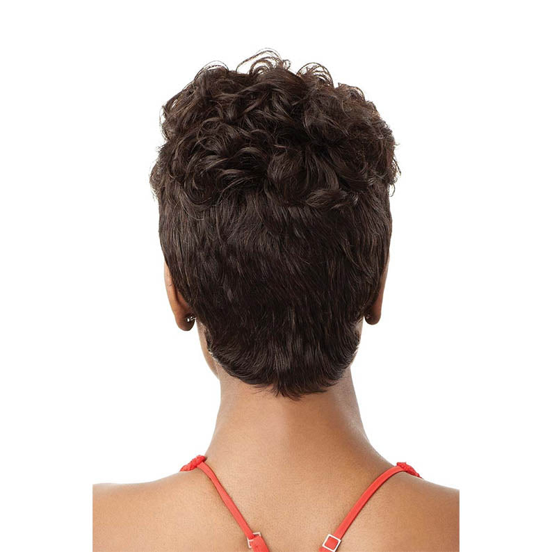 OUTRE short dark curly pixie wig seen from back showcasing texture 100% unprocessed human hair wig.
