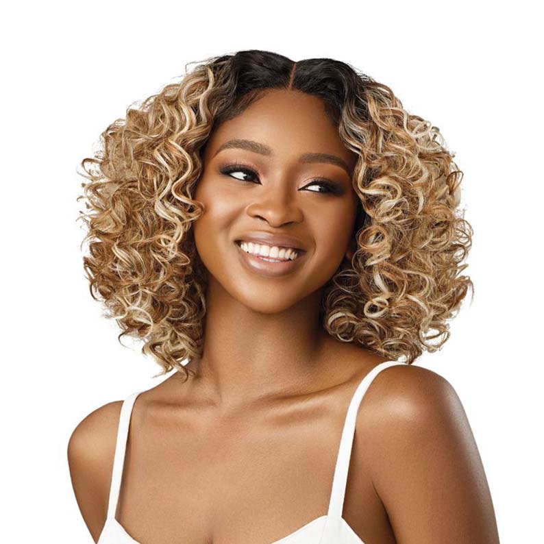 OUTRE 12 inch synthetic lace front wig curly honey blonde ombre with middle part shoulder length on smiling model