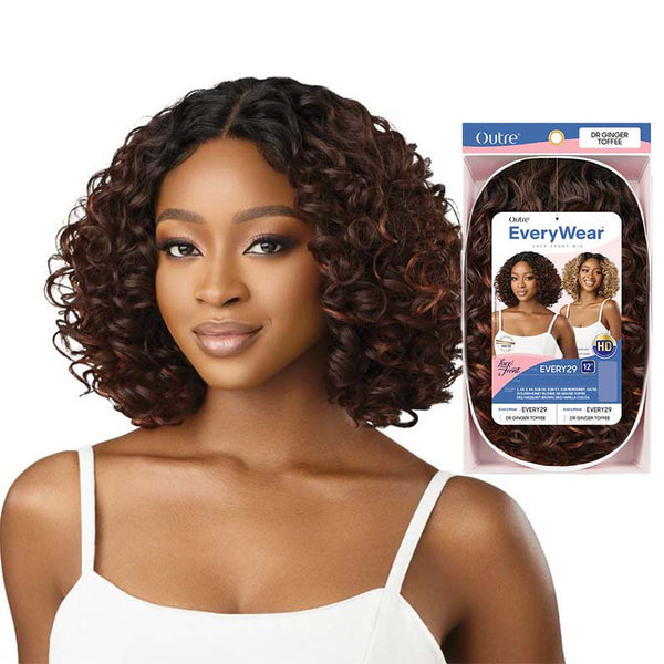 OUTRE 12 inch synthetic lace front wig curly bob on model with auburn highlights and product packaging