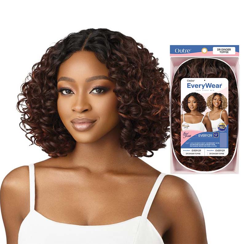 OUTRE 12 inch synthetic lace front wig curly bob on model with auburn highlights and product packaging